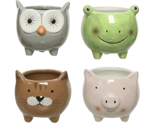 Štyri kvetináče v tvare zvierat: sova, žaba, mačka a prasa.