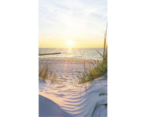 Pláž s dunou, trávou a západom slnka