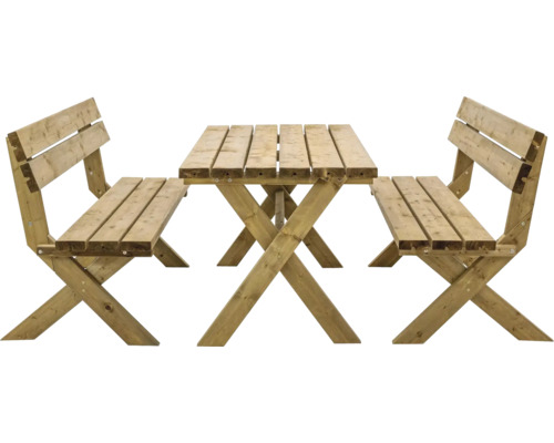 Drevený záhradný stôl s integrovanými lavicami