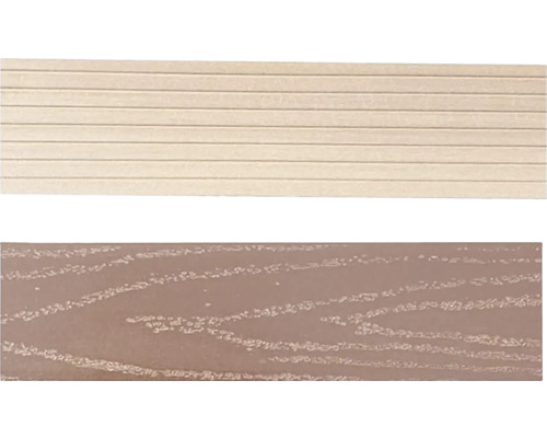 Ukončovací profil WPC plný Light Brown 11 x 70 x 2000 mm Detailný záber na dve terasové dosky s rôznymi povrchmi