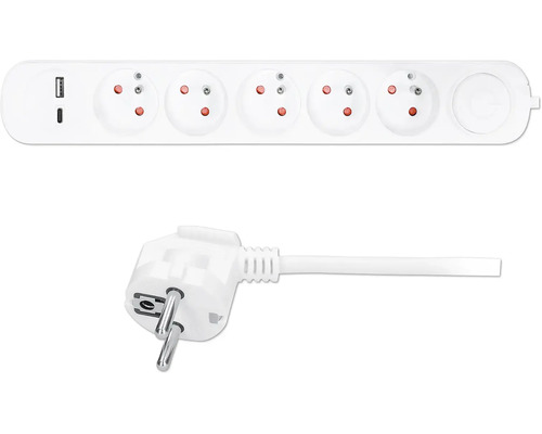 Predlžovací kábel s 5 zásuvkami + USB A + C a vypínačom 3m biely