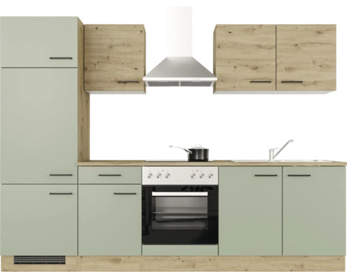 Kuchynská linka so skrinkami, umývadlom, sporákom a odsávačom pár