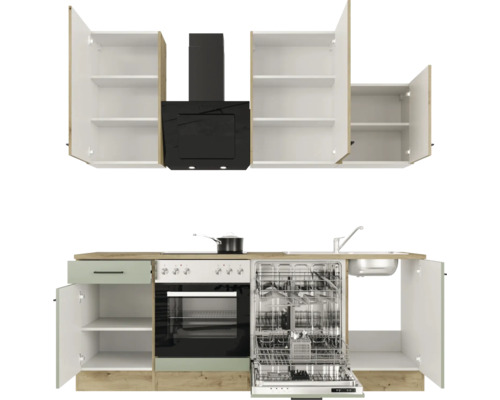 Kuchynská linka so závesnými skrinkami, digestorom, sporákom, drezom a umývačkou riadu