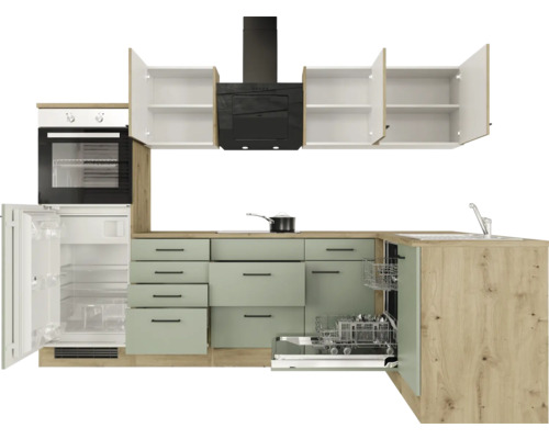Kuchynská linka so zásuvkami, skrinkami, drezom, umývačkou riadu, chladničkou, rúrou a odsávačom pár
