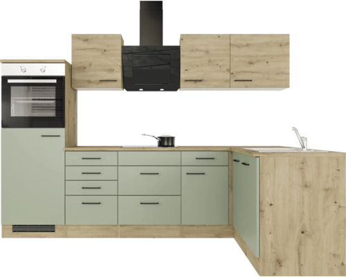 Kuchynská linka s hornými skrinkami, odsávačom pár, drezom a vstavanou rúrou