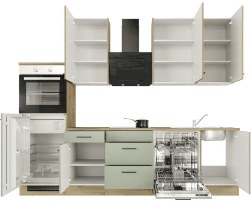 Kompletná kuchyňa s vstavanými spotrebičmi, drezom, sporákom, digestorom, chladničkou a umývačkou riadu.
