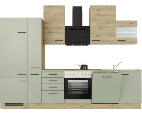 Kuchynská linka s hornými skrinkami, digestorom, drezom, umývačkou riadu a sporákom