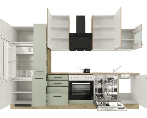 Moderná kuchyňa so vstavanými spotrebičmi, drezom a otvorenými dvierkami skriniek