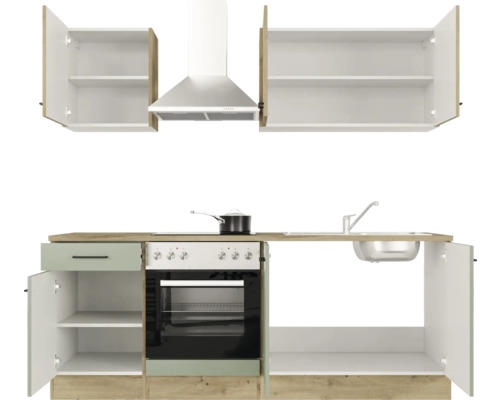 Kuchynská linka s drezom, sporákom, rúrou, digestorom a závesnými skrinkami
