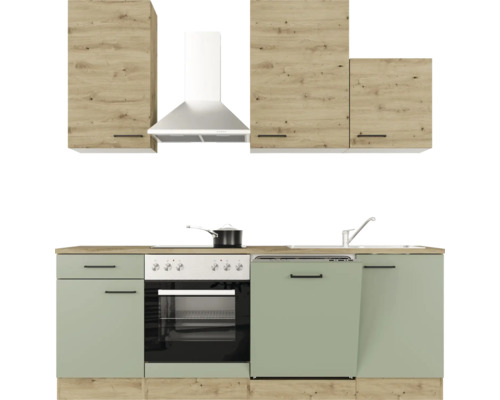 Kuchynská linka s hornými skrinkami, digestorom, drezom, sporákom a rúrou