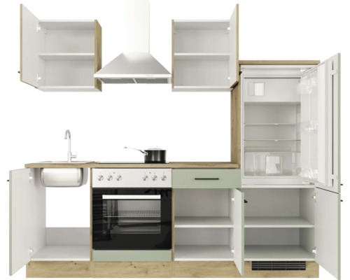 Kompletná kuchynská linka s drezom, sporákom, chladničkou a digestorom