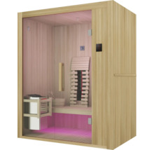 Sauna z dreva so sklenenými dverami a vnútorným vybavením