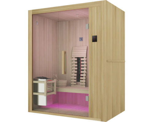 Sauna z dreva so sklenenými dverami a vnútorným vybavením