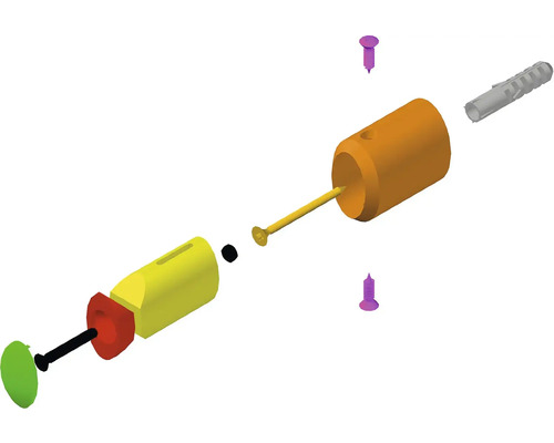 Rozkreslený nákres nástroja s hmoždinkou, skrutkami a tesniacim krúžkom