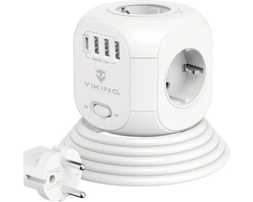 Predlžovací kábel VIKING VACCUBE 3x USB-A, 1x USB-C, 4x AC 1,8m biely (výstup Schuko)