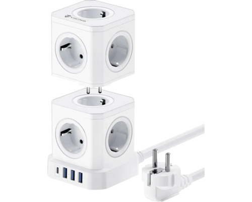 Predlžovací kábel VIKING ACT94 9x AC, 3x USB-A, 1x USB-C 2m biely (výstup Schuko ) Kocková predlžovacia zásuvka s USB portami a zástrčkou