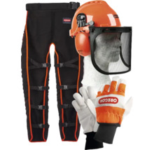 Sada lesníckeho oblečenia pozostávajúca z nohavíc s náprsenkou, ochrannej prilby so štítom a chráničmi sluchu a rukavíc