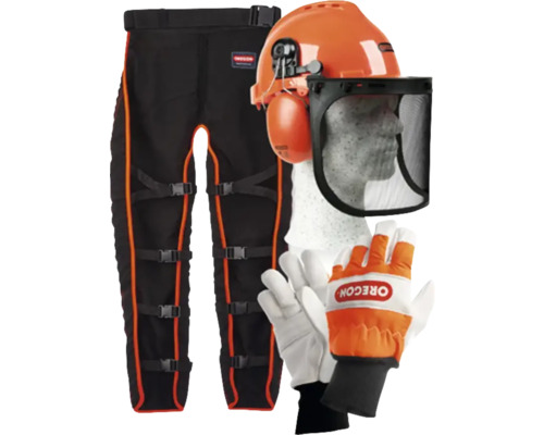 Bezpečnostná sada Oregon YUKON pre prácu s motorovou pílou, Návleky na nohavice, Rukavice veľkosť L, Ochranná helma YUKON so slúchadlami, 3dielna Sada lesníckeho oblečenia pozostávajúca z nohavíc s náprsenkou, ochrannej prilby so štítom a chráničmi sluchu a rukavíc