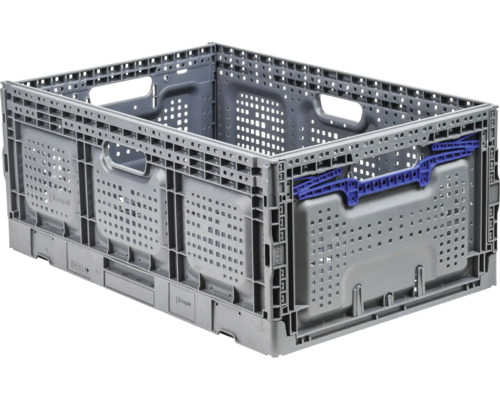 Výklopný box Industrial 600x260x400 mm sivý, modrý Sivá plastová skladacia krabica s modrými sklopnými držiakmi