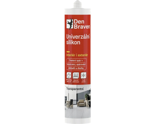 Silikón univerzálny DEN BRAVEN 280 ml transparentný Den Braven Univerzálny silikón, transparentný, pre vnútorné a vonkajšie použitie