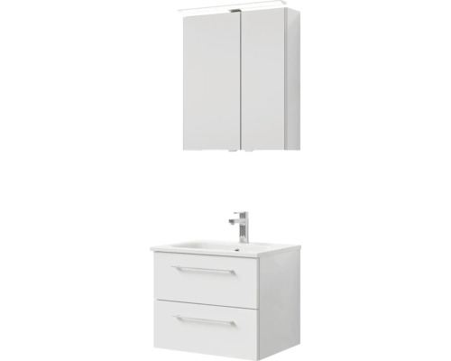 Biele umývadlo s dvomi zásuvkami, umývadlom a zrkadlovou skrinkou s osvetlením