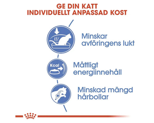 Informácie o znížení zápachu stolice, miernom obsahu energie a zníženom množstve chlpových smotkov v krmive pre mačky