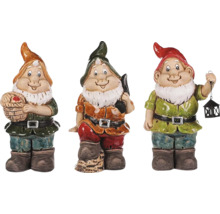Traja záhradní trpaslíci s rôznymi doplnkami