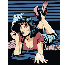 Ilustrácia ženy fajčiacej cigaretu a nosiacej topánky na vysokom podpätku