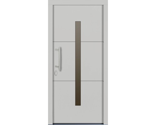 Moderné vchodové dvere s kľučkou a obdĺžnikovou sklenenou vložkou