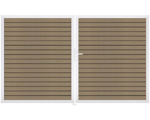 Dvojkrídlová brána s vodorovnými lamelami a bielym rámom