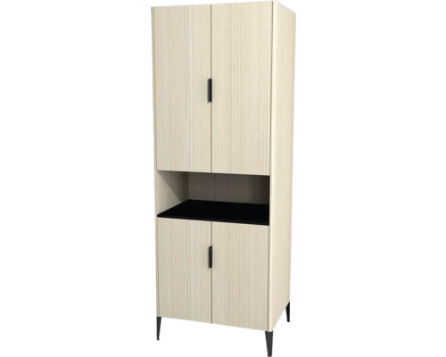 Kúpeľňová skrinka vysoká Devo Lotos krémovo biela 70 x 190 x 53 cm LF-SZS4D+OT70-F98 Skriňa s dvomi dverami hore a dvomi dverami dole, s otvorenou priehradkou v strede.