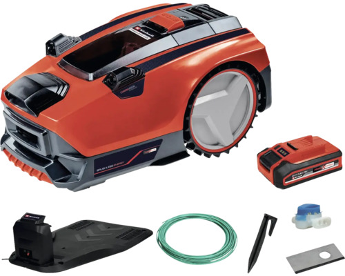 Robotická kosačka Einhell s nabíjacou stanicou, akumulátorom, ohraničujúcim káblom, kolíkmi, spojkami a náhradnými nožmi