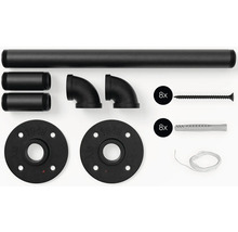 Čierna súprava políc s rúrkou, rúrkovým kolenom, prírubou, skrutkami a hmoždinkami