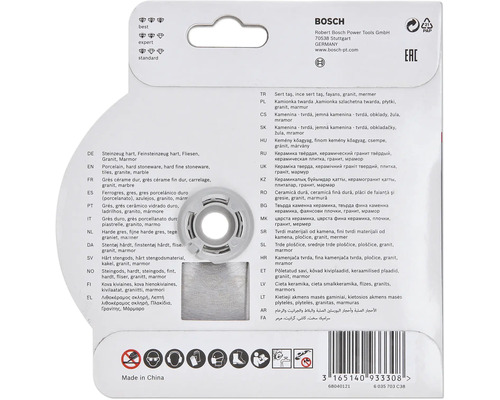 Zadná strana obalu Bosch s informáciami o materiáloch a oblastiach použitia