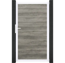 Záhradná bránka s drevenou štruktúrou a bielym rámom