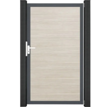 Záhradná bránka s vzhľadom dreva a kovovým rámom