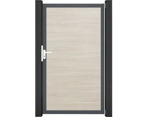 Záhradná bránka s vzhľadom dreva a kovovým rámom