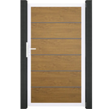 Záhradná bránka s dreveným vzhľadom a vodorovnými ozdobnými lištami