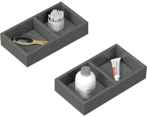 Dva sivé úložné boxy s kozmetickými produktmi