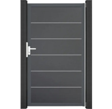 Sivá hliníková záhradná bránka s kľučkou a vodorovnými ozdobnými líniami.