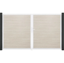 Dvojkrídlová brána s vodorovným vzhľadom dreva a bielym rámom