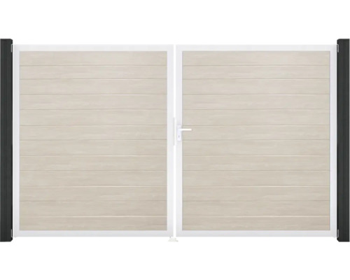 Dvojkrídlová brána s vodorovným vzhľadom dreva a bielym rámom