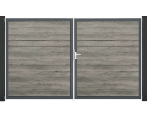 Dvojkrídlová brána s drevenou štruktúrou a rukoväťou