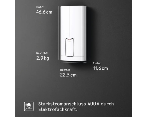 Elektrický ohrievač vody s rozmermi 46,6 cm výška, 2,9 kg hmotnosť, 22,5 cm šírka a 11,6 cm hĺbka.