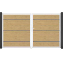 Dvojkrídlová brána s drevenou štruktúrou a kovovým rámom