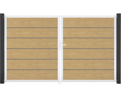 Dvojkrídlová brána s drevenou štruktúrou a kovovým rámom