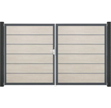 Dvojkrídlová brána s drevenou štruktúrou a rukoväťou