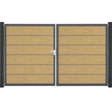 Dvojkrídlová brána s vodorovnými drevenými prvkami v sivom ráme