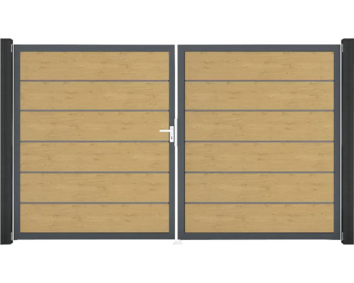 Dvojkrídlová brána s vodorovnými drevenými prvkami v sivom ráme