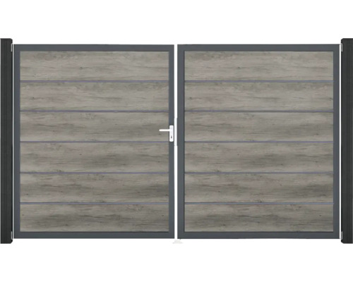 Dvojkrídlová brána s dreveným vzhľadom a kovovým rámom